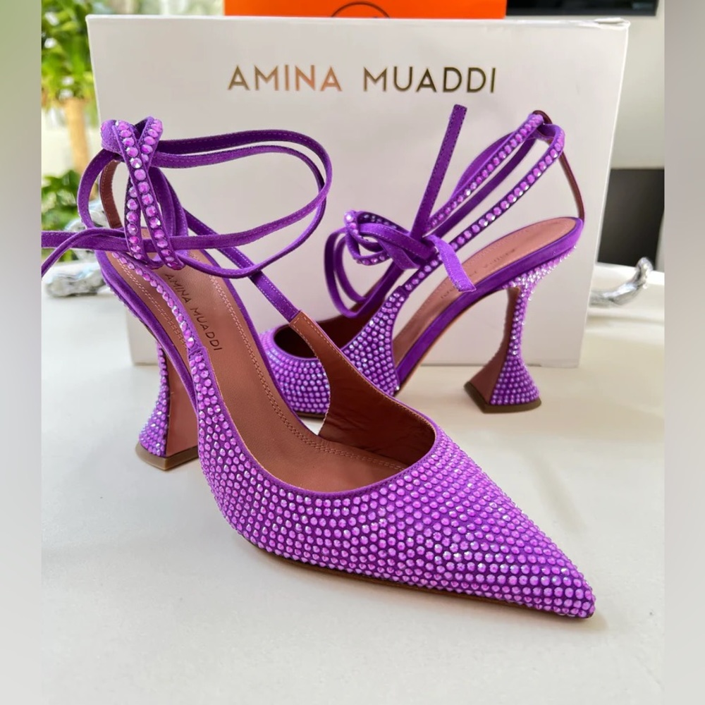 Amina Muaddi Karma Embellished Suede Crystal Embellished Lace Up Pumps Violet - Picture 3 of 9